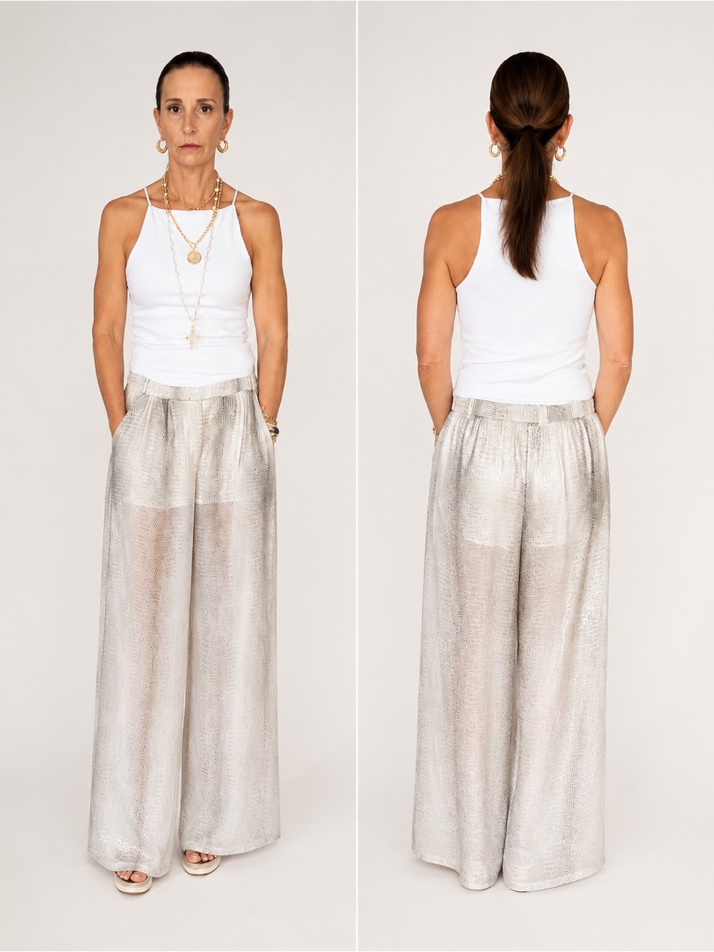ZARA Woman Snake Print Flowy Wide Leg Pants Medium Gray Beige High Rise Pleated